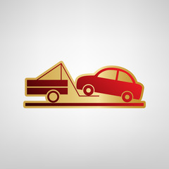 Tow truck sign. Vector. Red icon on gold sticker at light gray background.