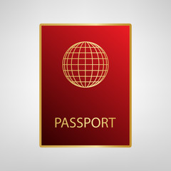 Passport sign illustration. Vector. Red icon on gold sticker at light gray background.