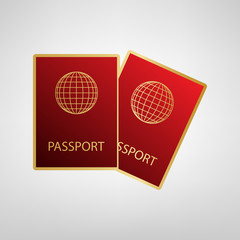 Two passports sign illustration. Vector. Red icon on gold sticker at light gray background.