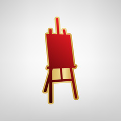Easel sign. Vector. Red icon on gold sticker at light gray background.