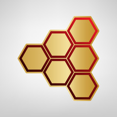 Honeycomb sign. Vector. Red icon on gold sticker at light gray background.