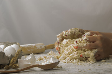 dough with close-up. man is preparing bread dough