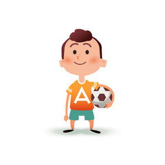 Cartoon little boy holds the ball in his hand. A young man is going to play football. Kid with a soccer ball in flat style