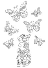 Cat watches butterflies. Hand drawn picture. Sketch for anti-stress adult coloring book in zen-tangle style. Vector illustration  for coloring page.