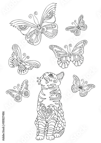 Cat Watches Butterflies Hand Drawn Picture Sketch For Anti - 