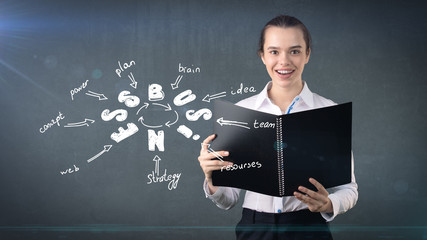 Woman in a suit holding report near wall with a business idea sketch drawn on it. Concept of a successful business.