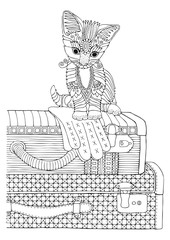 Kitty traveler sitting on trunk. Hand drawn picture. Sketch for anti-stress adult coloring book in zen-tangle style. Vector illustration  for coloring page.