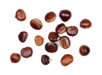 Pile edible chestnut isolated on white background, top view
