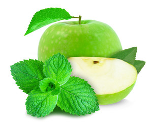 Green apple and mint isolated on white background
