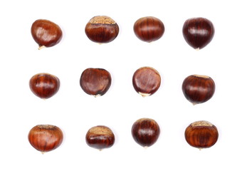 Pile edible chestnut isolated on white background, top view
