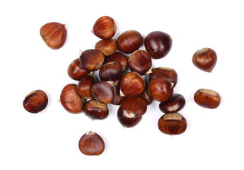 Pile edible chestnut isolated on white background, top view

