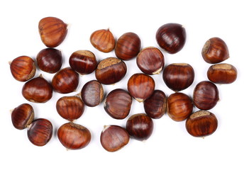 Pile edible chestnut isolated on white background, top view
