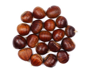 Pile edible chestnut isolated on white background, top view
