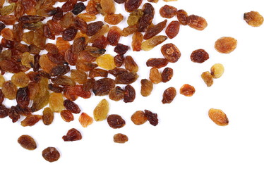 Pile of raisins isolated on white background, top view