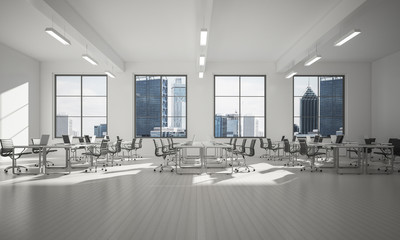 Office interior design in whire color and rays of light from win