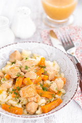 Braised chicken meat with carrot in sauce and pasta