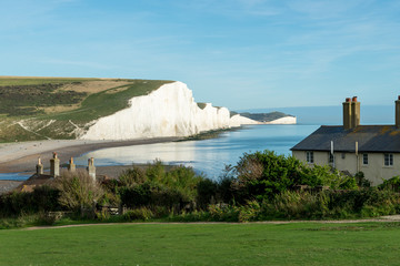 The Coast Guard Cottages & Seven Sisters Chalk Cliffs just outside Eastbourne, Sussex, England, UK