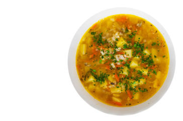 Fish soup with potato and rice with copy space. top view. isolated on white