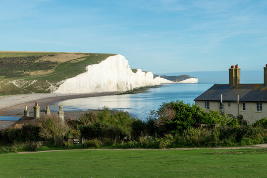 The Coast Guard Cottages & Seven Sisters Chalk Cliffs just outside Eastbourne, Sussex, England, UK