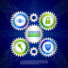 Abstract safety mechanism which is made of gears, icons eye, key, shield  padlock. Global network security on the circuit blue background. Digital technology protection concept.