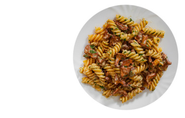 fusilli pasta with mushroom and cream sauce with copy space. top view. isolated on white