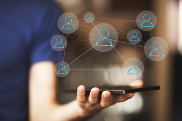 man hand tablet with network