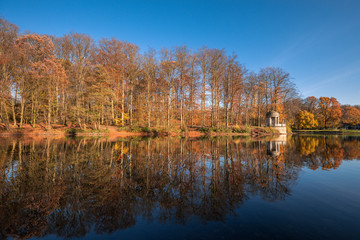Colourful Autumn At Deuss Temple Krefeld Stadtwald With Beautiful Reflections In The Water