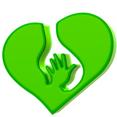 Green hand protecting heart