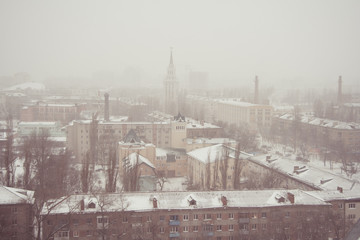 Foggy snowy winter day in Voronezh. Aerial view