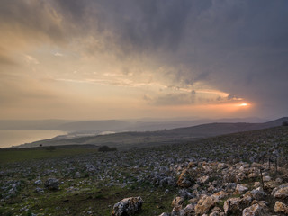 Sunrise over landscape, Vered HaGalil, Sea of Galilee, Galilee, Israel
