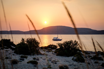 Simos beach in Elafonisos island in Greece. Sunset. Greece