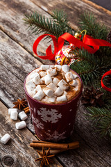 Fototapeta na wymiar Christmas hot chocolate with marshmallow. Christmas Holiday background.