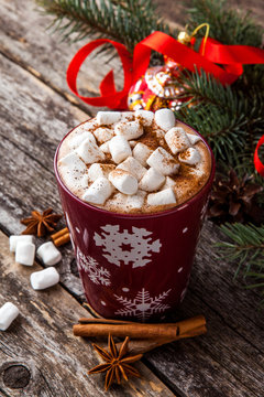 Christmas hot chocolate with marshmallow. Christmas Holiday background.
