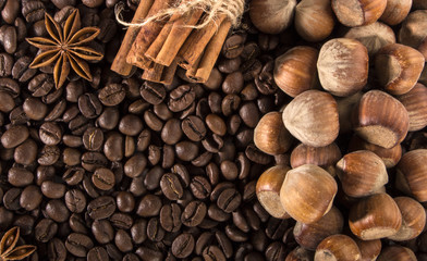 Texture, coffee and hazelnuts, with beautiful glare on the surface