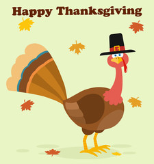 Thanksgiving Turkey Bird Cartoon Mascot Character. Illustration Flat Design With Background Autumn Leaves And Text Happy Thanksgiving