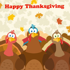 Thanksgiving Turkeys Cartoon Mascot Characters. Illustration Flat Design Over Background With Autumn Leaves And Text Happy Thanksgiving