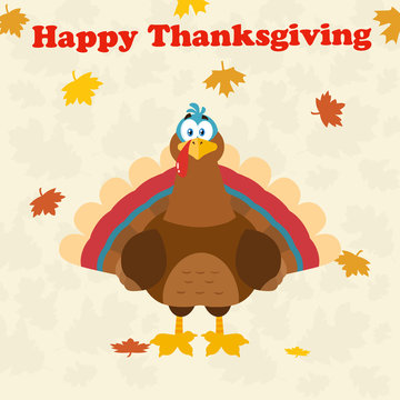 Turkey Bird Cartoon Mascot Character. Illustration Flat Design Over Background With Autumn Leaves And Text Happy Thanksgiving