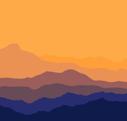 Landscape with blue and purple silhouettes of mountains and hills with beautiful bloody evening sky. Huge mountain range silhouettes in twilight.  illustration.