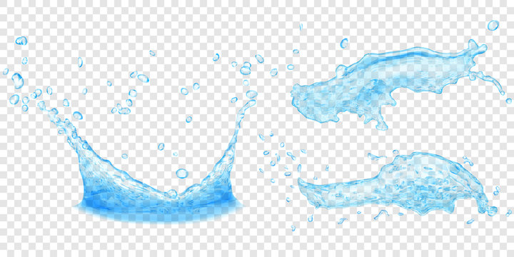 Translucent water crown and splashes with drops in light blue colors, isolated on transparent background. Transparency only in vector file