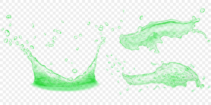 Translucent water crown and splashes with drops in green colors, isolated on transparent background. Transparency only in vector file