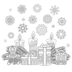Fototapeta na wymiar Coloring page with Christmas ornaments, children presents, cookies, candles, vintage snowflakes. Freehand sketch drawing for 2018 Happy New Year greeting card or adult antistress coloring book.