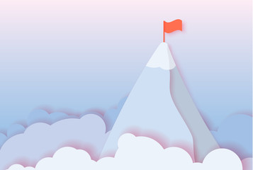 abstract paper cut illustration of morning blue and pink sky, clouds and mountain with flag. Goal and leadership concept.