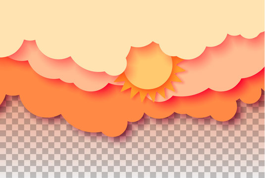 3d abstract paper cut illustration of pastel orange sky, sun and clouds. Vector colorful template.