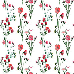 Wildflower flax flower pattern in a watercolor style. Full name of the plant: flax. Aquarelle wild flower for background, texture, wrapper pattern, frame or border.