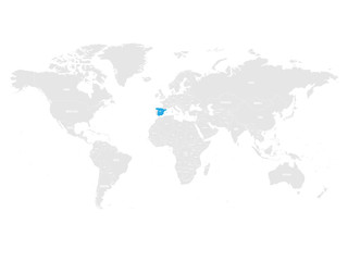 Fototapeta na wymiar Spain marked by blue in grey World political map. Vector illustration.