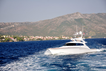 The white motor boat flowing on the sea. 