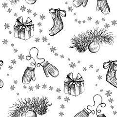 Christmas pattern seamless, hand drawing sketch new year illustration with pine branch, toy, gift, mitten and snowflake