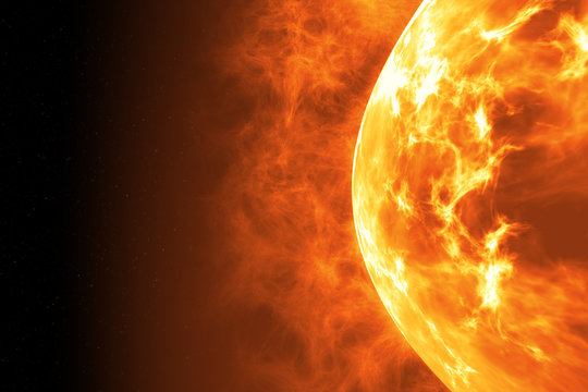 Sun surface with solar flares. Abstract scientific background. 3d illustration