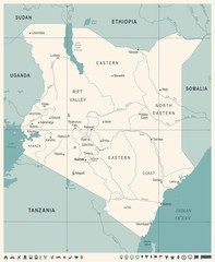 Fototapeta premium Kenya Map - Vintage Detailed Vector Illustration