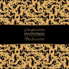 Vintage baroque Wedding Invitation template with damask background. Tradition decoration for wedding. Vector illustration in black and gold